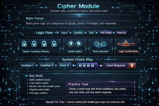 A digital graphic displaying a game module interface titled 'Cipher Module' with dark blue and black circuit board patterns. The interface features sections for 'Main Focus', 'Logic Flow', 'System Check Map', and 'Practice Task' with various UI elements like logic blocks, state codes, and event responses.