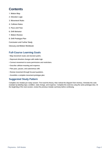 A digital document page showing the table of contents and learning goals for a physics module on drift motion, with black text on a white background.