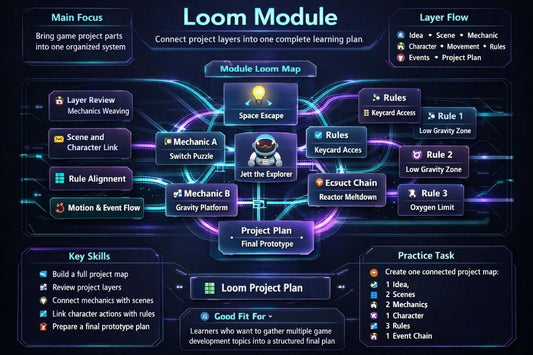 A digital infographic titled 'Loom Module' on a dark blue background, showing a flowchart and module map for connecting project layers into a complete learning plan, with boxes, arrows, and text such as 'Main Focus,' 'Layer Flow,' 'Module Loom Map,' and 'Practice Task.'.