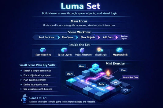An infographic poster titled 'Luma Set' with a dark blue background, detailing a scene workflow and mini exercise for creating interactive scenes using Luma. It features text boxes and a 3D isometric illustration of a glowing cube scene.