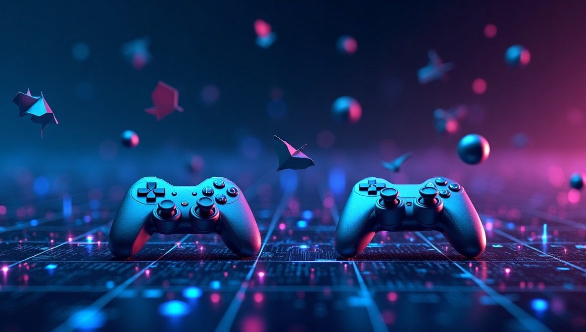 Two futuristic game controllers in a glowing blue and pink cyberpunk setting with floating geometric shapes and a digital grid floor.