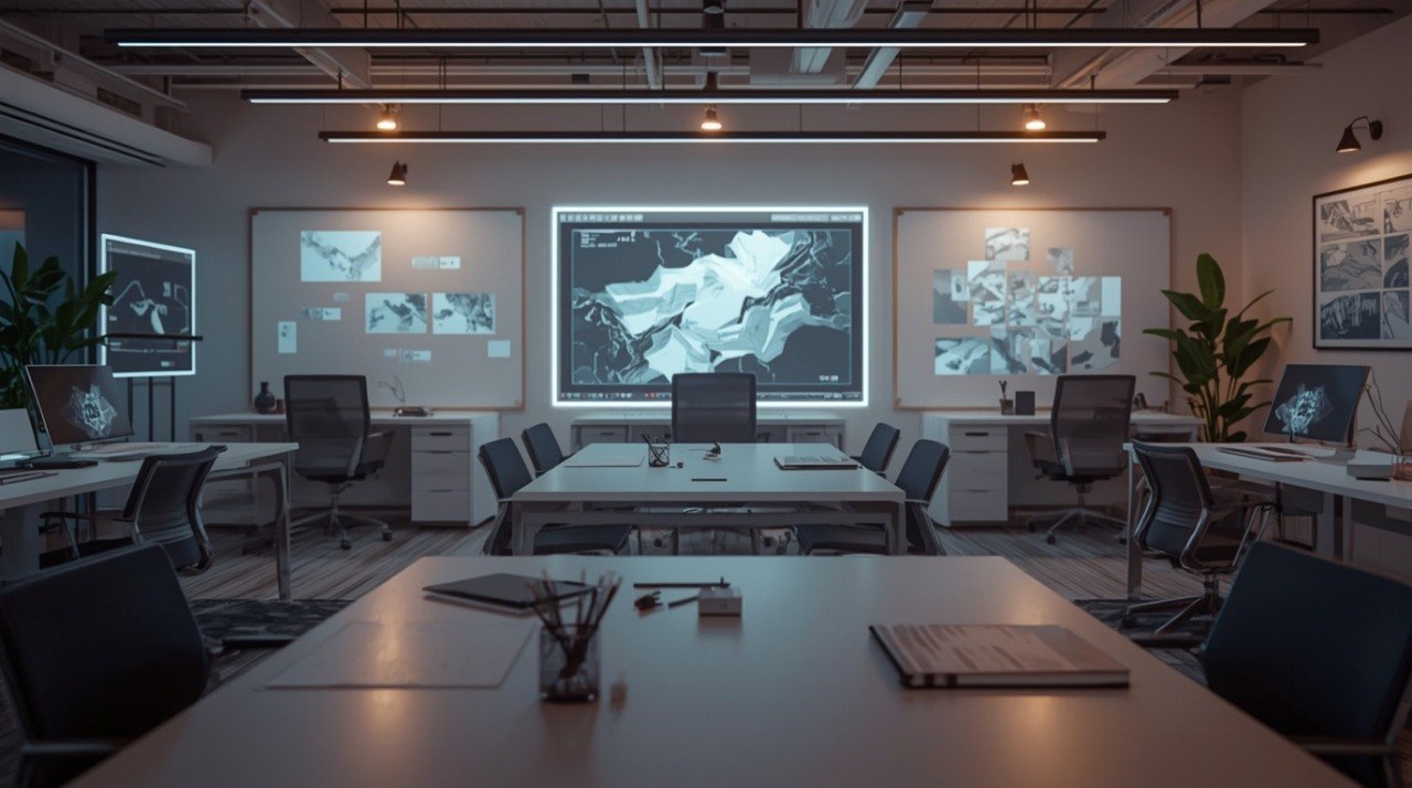 A modern conference room with a large central illuminated screen displaying a grayscale 3D model or map, surrounded by desks, chairs, and office equipment in a dimly lit interior.