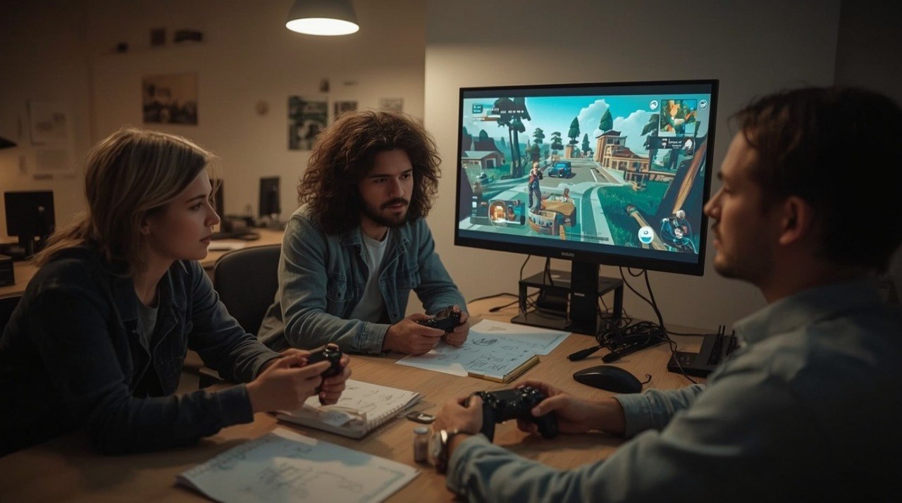 Three people sitting around a desk in a dimly lit office or gaming room, looking at a computer monitor displaying a colorful video game scene and holding game controllers.