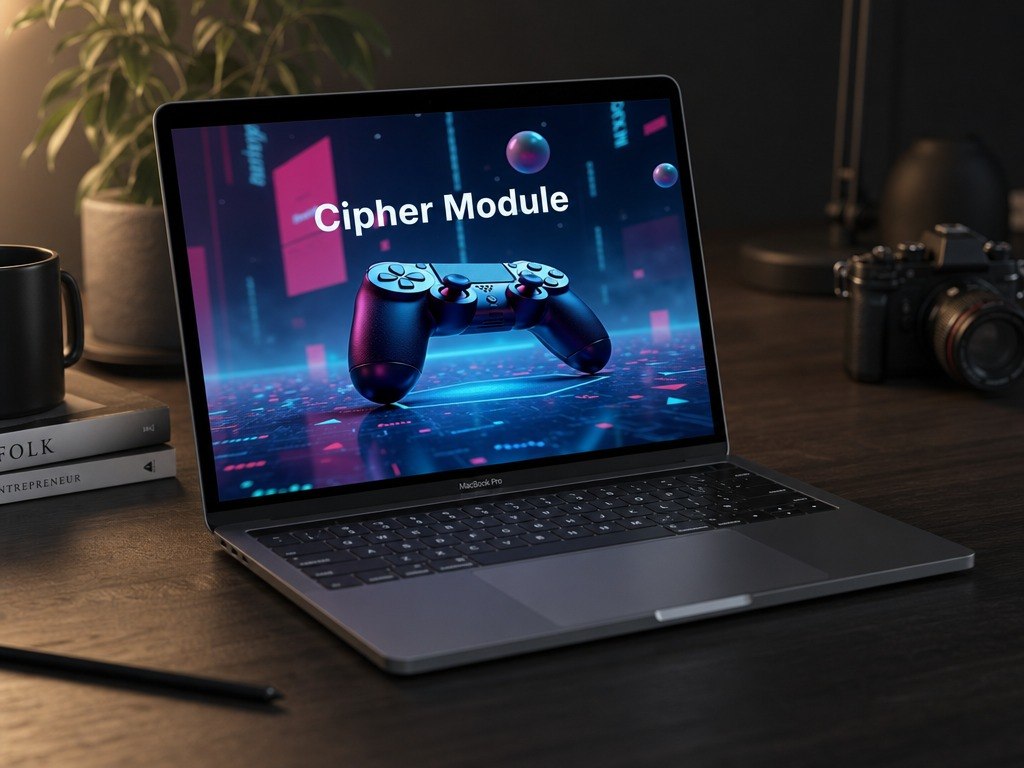 A dark gray laptop sits open on a wooden desk, displaying a futuristic cyberpunk-style screen with the text 'Cipher Module' and a glowing game controller graphic. The scene includes a plant, books, a mug, and a camera in a dimly lit room.