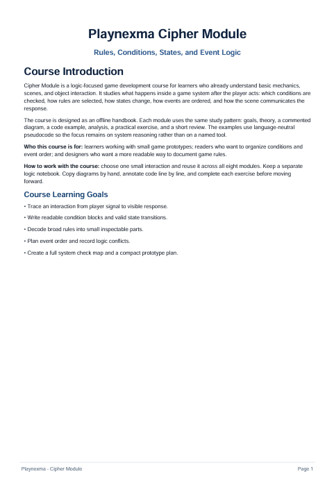 A digital document page titled 'Playnymxa Cipher Module' outlining a game development course on rules, conditions, states, and event logic, presented in black text on a white background.