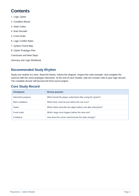 A digital preview page of a document or workbook titled 'Contents' for the 'Platypusio - Cipher Module', showing a table of contents and a core study record table on a white background.
