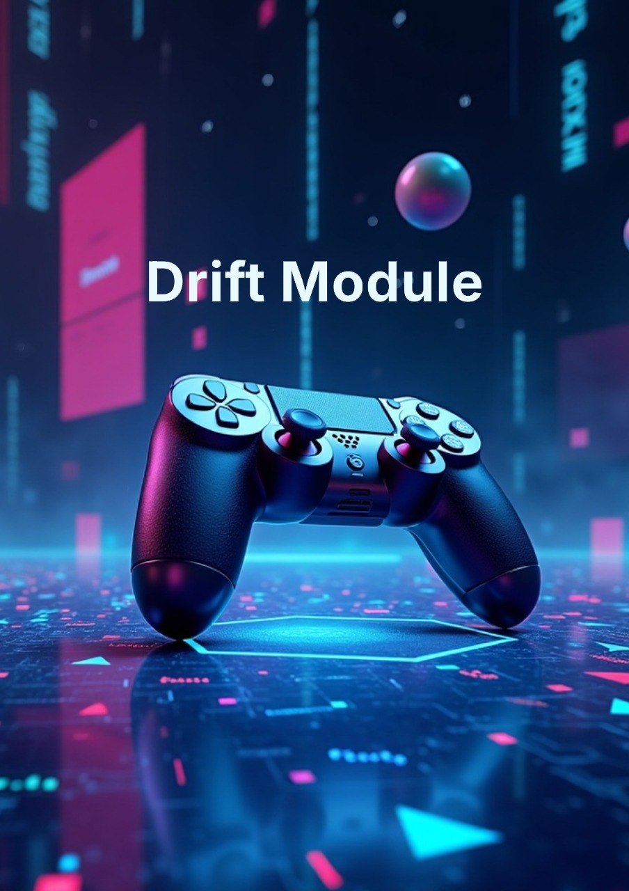 A black video game controller centered in a neon cyberpunk city scene with the text 'Drift Module' overlaid across the middle. The background features glowing blue and pink digital elements and a reflective futuristic street surface.