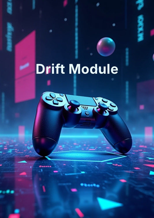A black video game controller centered in a neon cyberpunk city scene with the text 'Drift Module' overlaid across the middle. The background features glowing blue and pink digital elements and a reflective futuristic street surface.