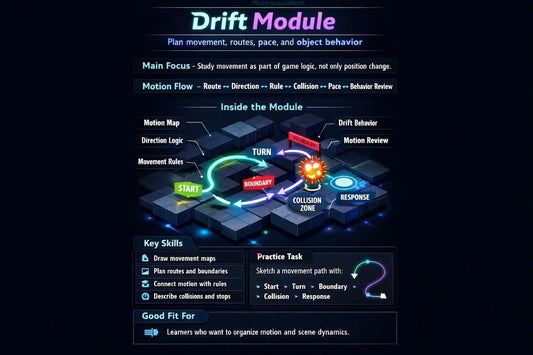 A dark digital infographic titled 'Drift Module' with text, icons, and a small isometric diagram explaining game movement, routes, pace, and object behavior.