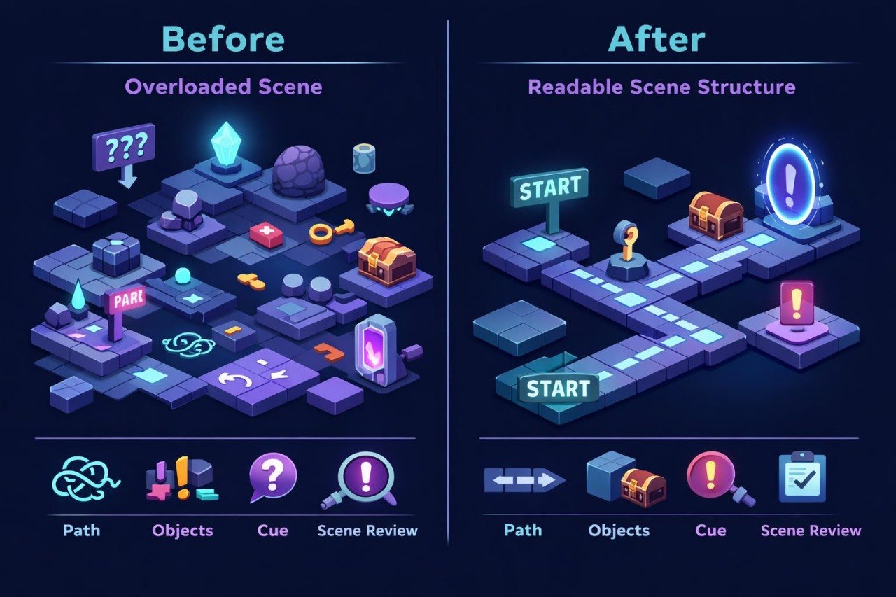 A digital infographic comparing a cluttered 'Before' isometric game scene with a clean 'After' scene structure, using purple, blue, and pink neon tones on a dark background.