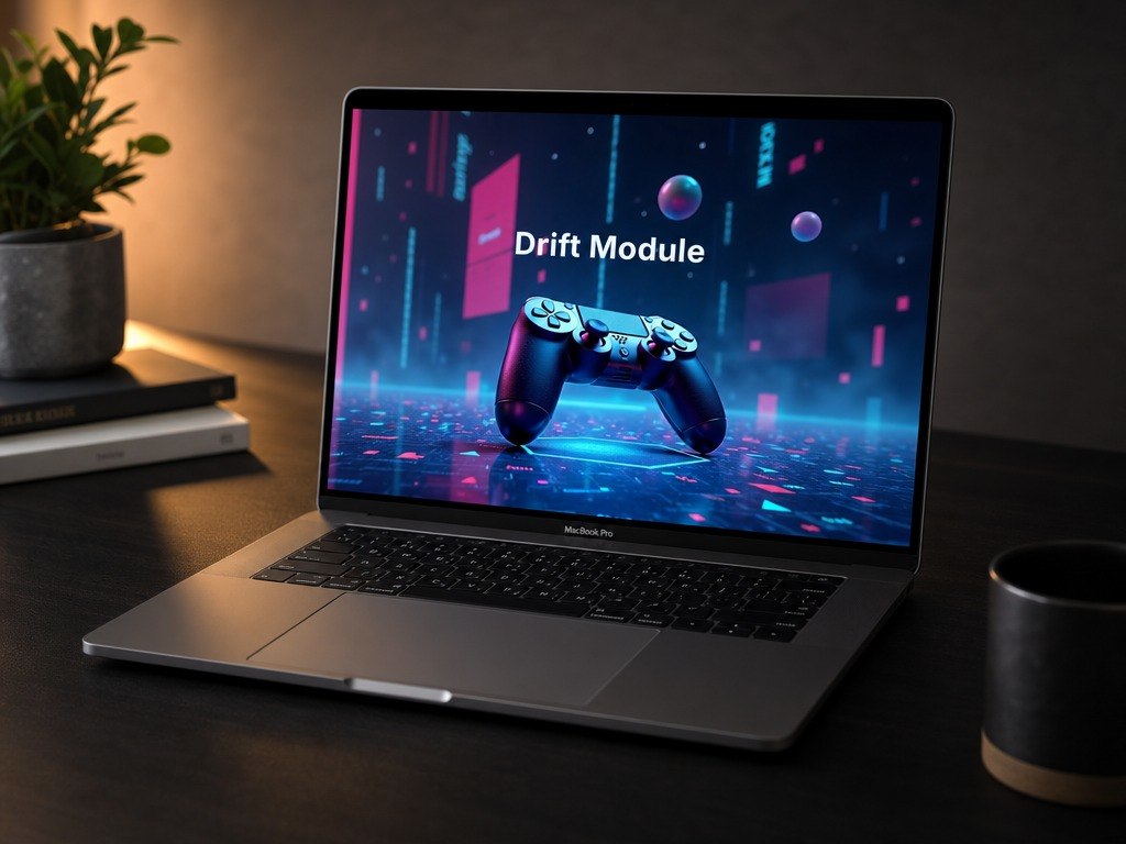 A silver laptop sits open on a dark desk, displaying a futuristic digital interface with the text 'Drift Module' and a game controller graphic. A plant, books, and a cup are visible around it in a dimly lit room.