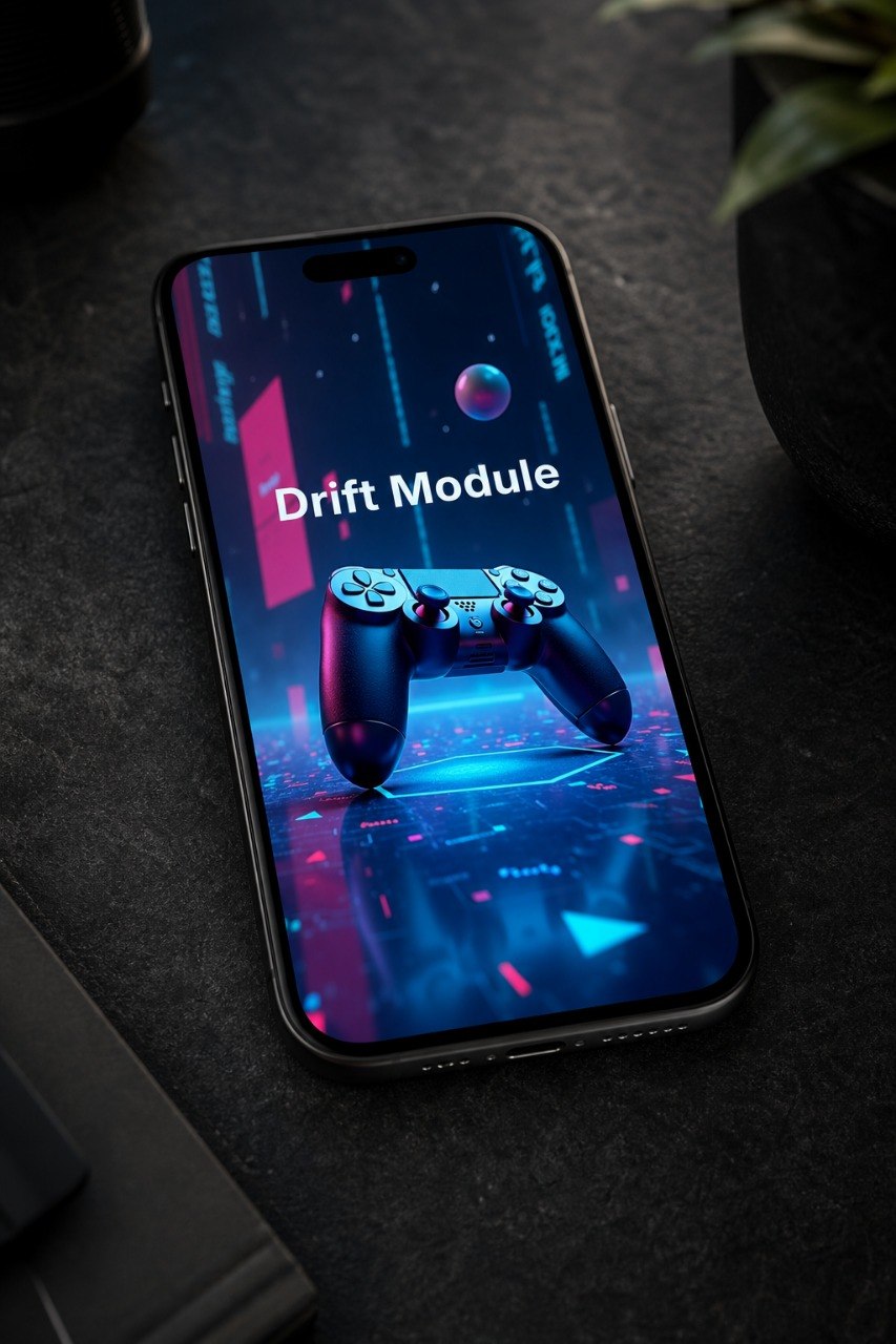 A smartphone lying on a dark textured surface, displaying a futuristic digital interface with the text 'Drift Module' and a game controller graphic. The phone is framed by a dark environment with a plant and other objects partially visible.