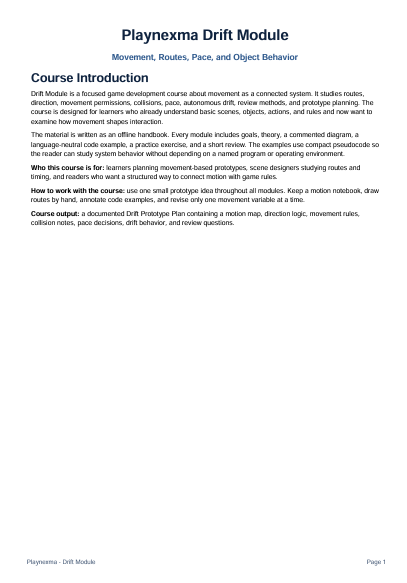 A single-page document titled 'Playnexma Drift Module' with the subtitle 'Course Introduction' and body text about a game development course on movement in a connected system. The page is mostly white with black text and a small gray header bar at the top.