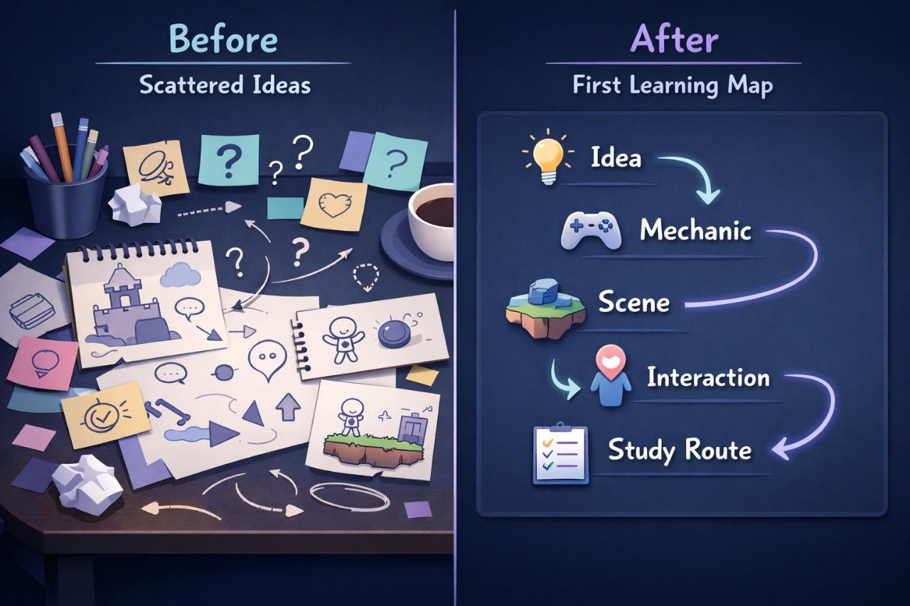 A split comparison graphic labeled 'Before' and 'After' on a dark blue background. The left side shows a cluttered desk with scattered notes, pencils, a coffee cup, and rough sketches under the heading 'Before Scattered Ideas.