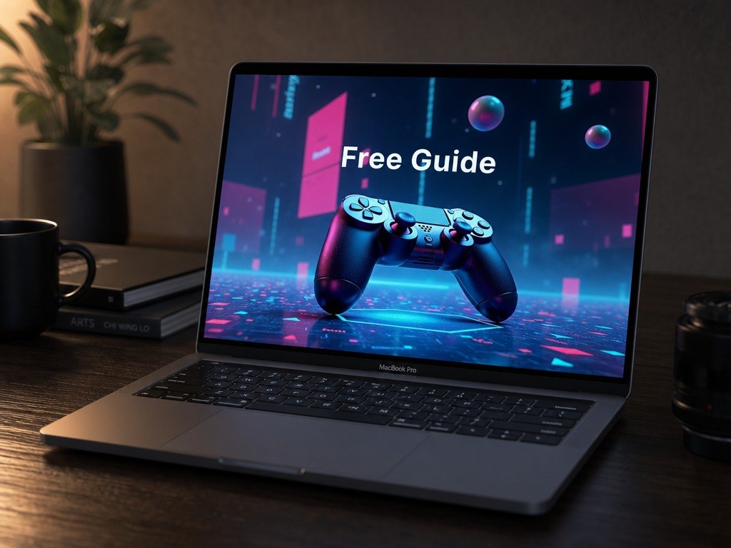 A silver laptop sits open on a dark wooden desk, displaying a colorful screen with the text 'Free Guide' and a game controller graphic. The scene includes a plant, books, a mug, and a camera lens in a dimly lit indoor setting.