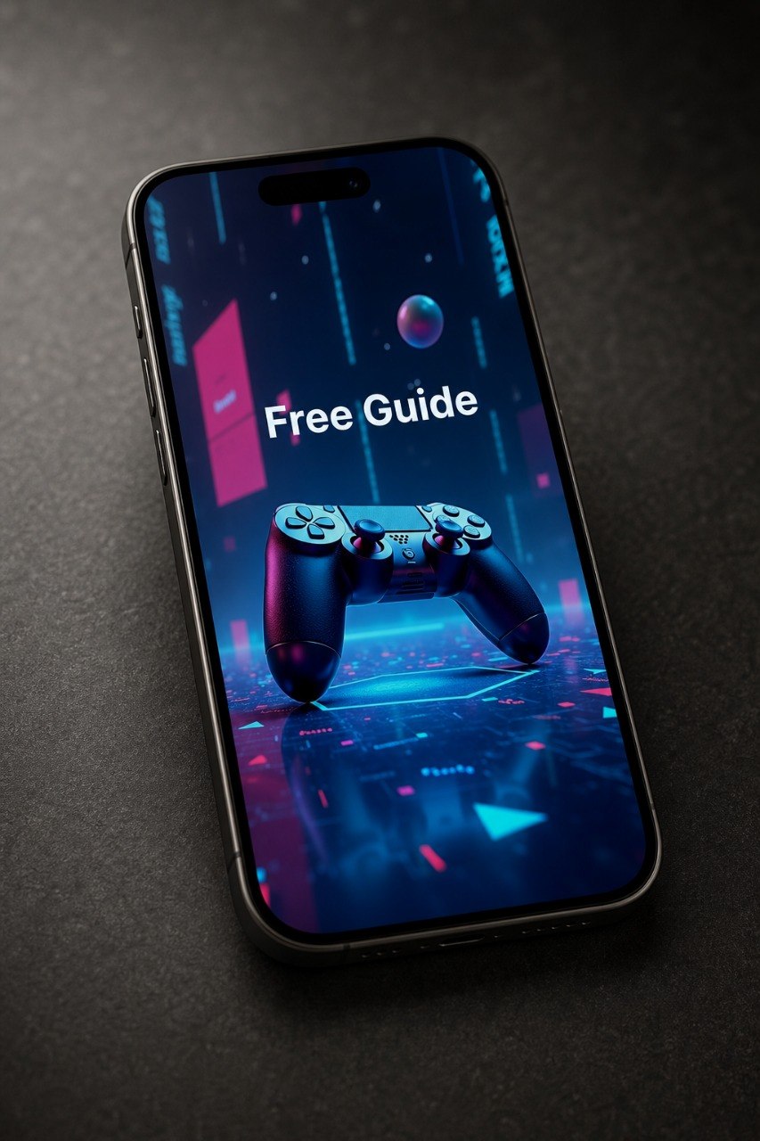 A smartphone lying on a dark textured surface, displaying a futuristic gaming-themed screen with the words 'Free Guide' and a game controller graphic.