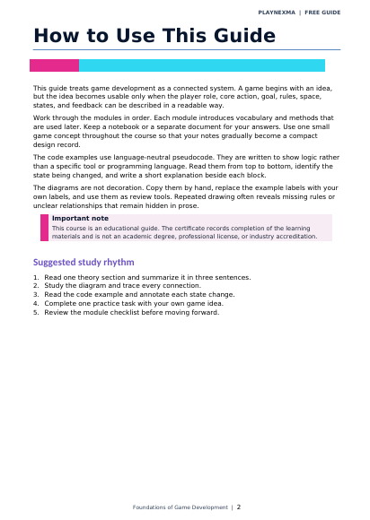 A digital preview page of a game development guide titled 'How to Use This Guide' from Playknexha, featuring black text on a white page with pink and magenta highlighted sections.