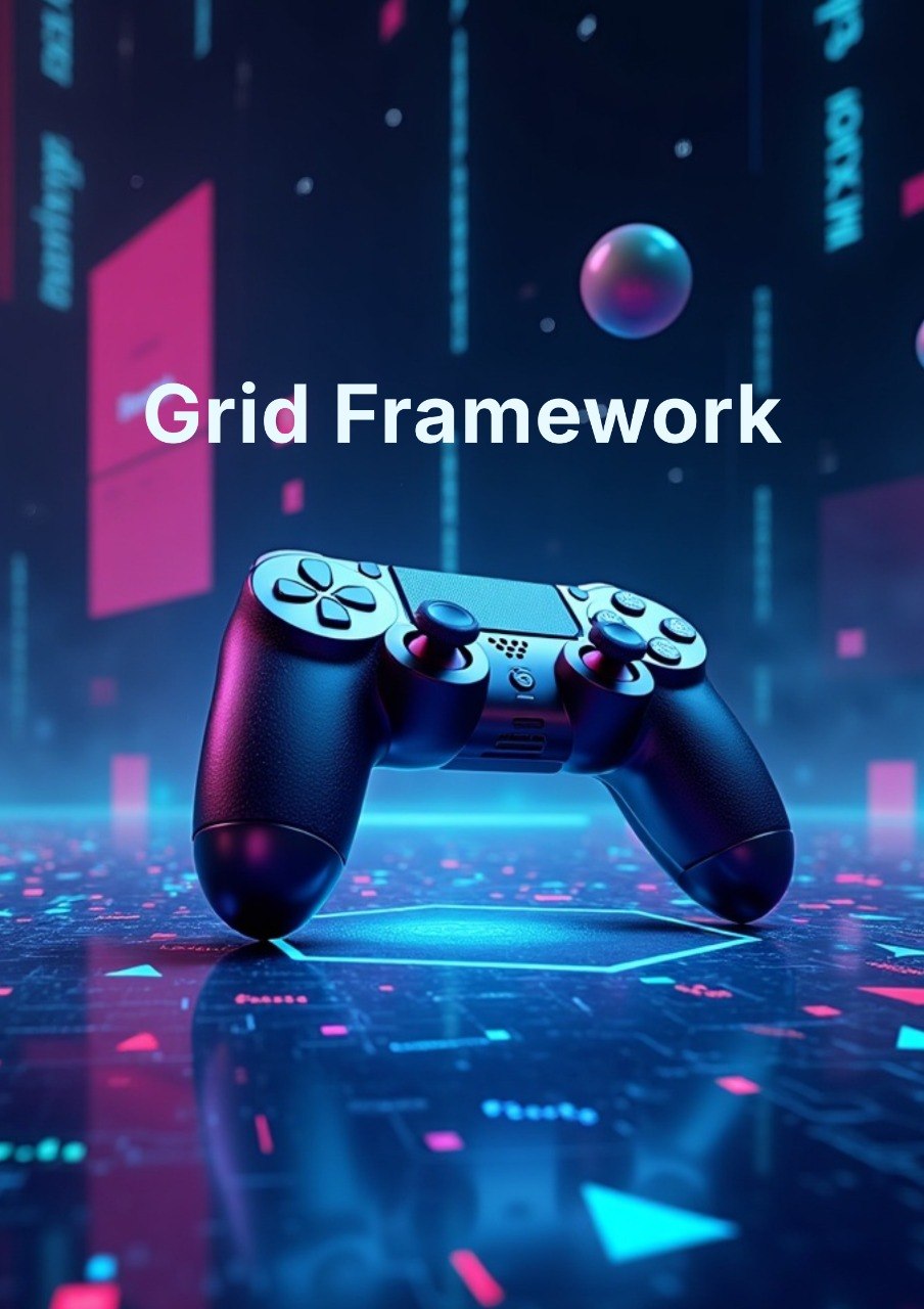A black video game controller floating above a futuristic neon digital interface with the text 'Grid Framework' in white, set against a cyberpunk background in blue, pink, and purple tones.