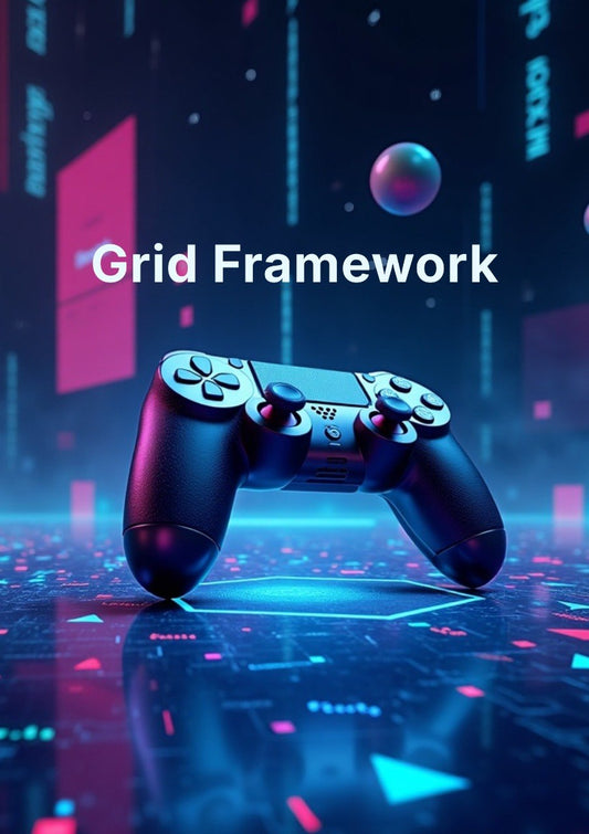 A black video game controller floating above a futuristic neon digital interface with the text 'Grid Framework' in white, set against a cyberpunk background in blue, pink, and purple tones.