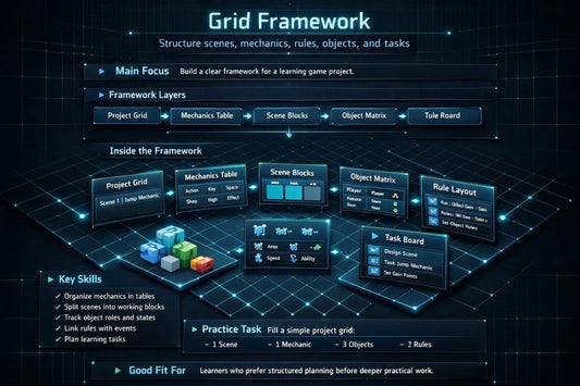 A digital infographic titled 'Grid Framework' on a dark blue grid background, showing a structured project management template with labeled sections such as main focus, framework layers, inside the framework, key skills, and practice task using blue, green, and orange UI-style blocks.
