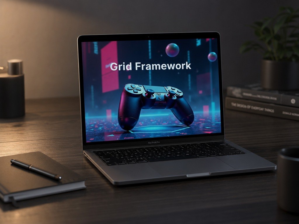 A silver laptop sits open on a dark wooden desk, displaying a digital screen with the text 'Grid Framework' and an illustration of a game controller. The scene is styled with a notebook, pen, books, and a small plant in the background.