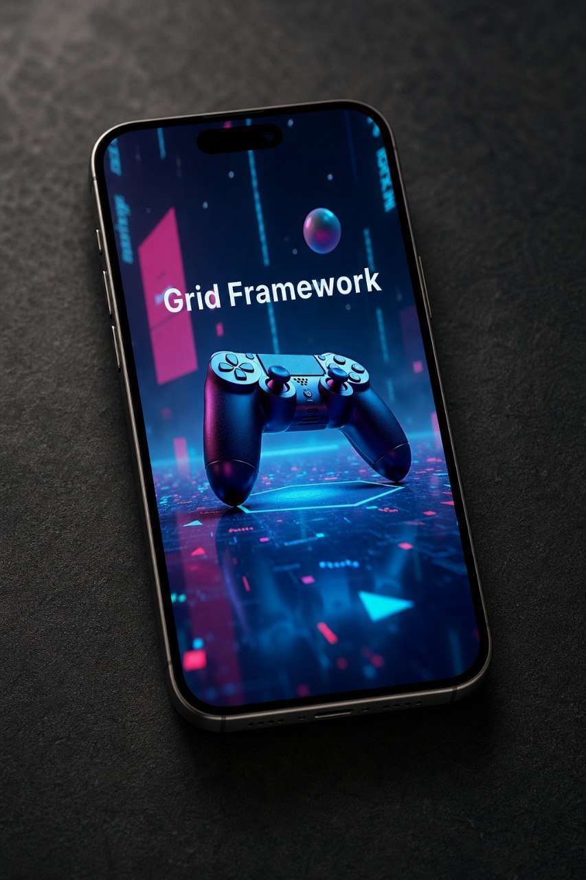 A smartphone lying on a dark textured surface, displaying a futuristic digital interface with the text 'Grid Framework' and a game controller graphic on the screen.
