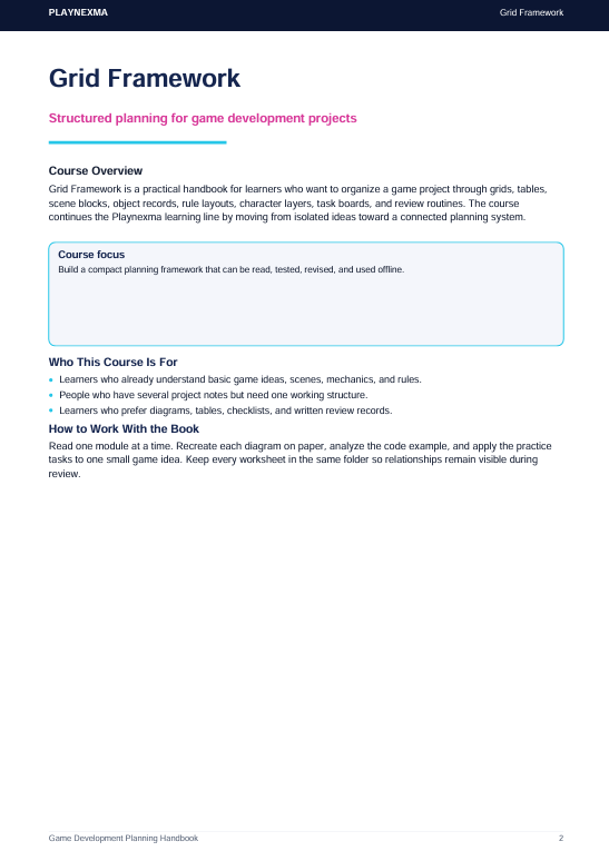 A digital preview page of the 'Grid Framework' course content from Playmaker, showing a structured game development handbook curriculum with text sections, bullet points, and a course focus box on a white page.