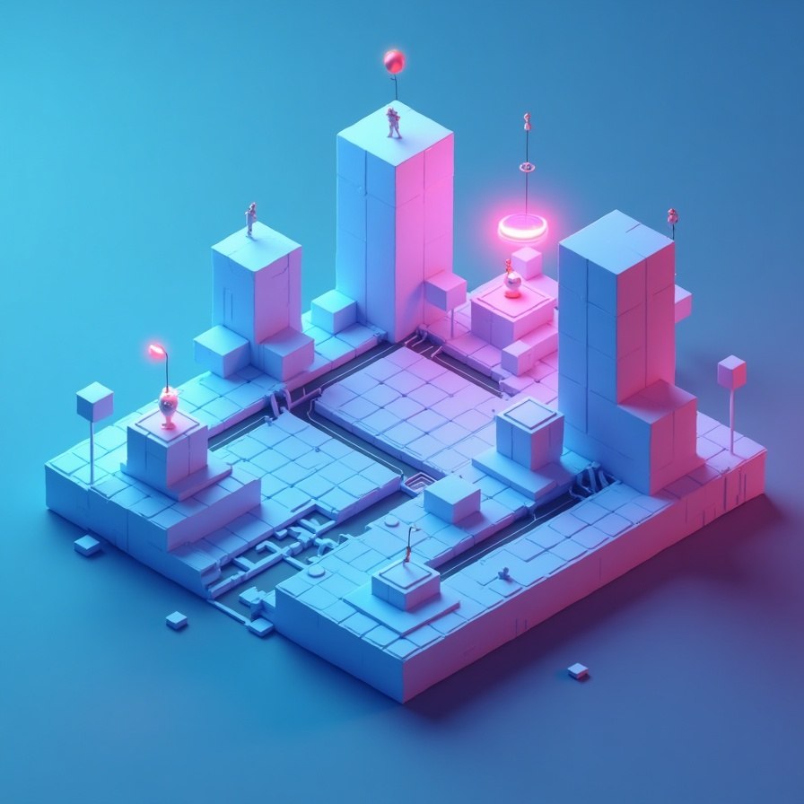 A stylized isometric digital render of a futuristic city platform with glowing pink and blue neon lights, geometric buildings, and small human figures on a blue gradient background.