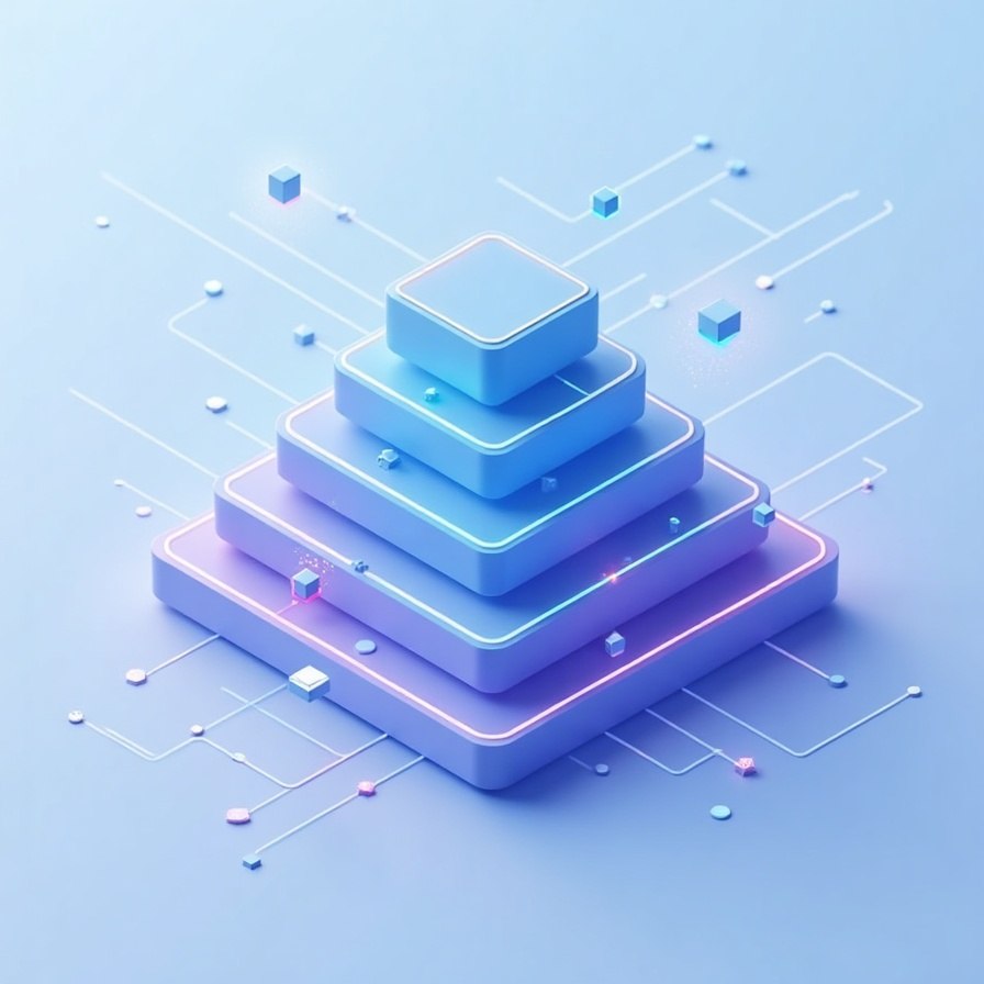 A stylized 3D isometric illustration of a layered pyramid made of glowing blue and purple rectangular blocks, surrounded by thin circuit-like lines on a soft blue background.