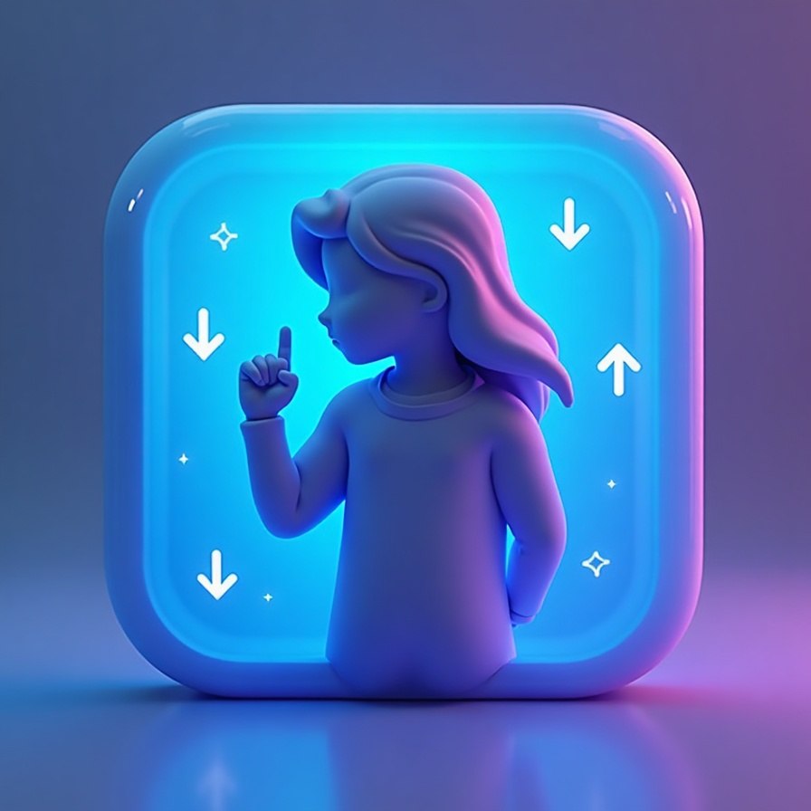 A stylized 3D-rendered product shot of a glowing blue rounded square frame with a central lavender-purple figure pointing upward, surrounded by white arrows and sparkles on a soft purple-blue gradient background.