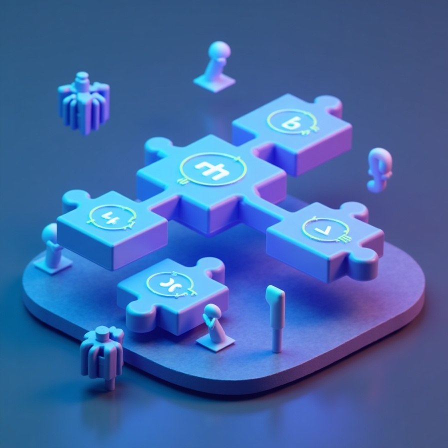 A stylized isometric illustration of interlocking puzzle pieces on a platform, lit with blue and purple lighting. The scene appears digitally rendered rather than a photograph of a physical retail product, so subject_type is best classified as Other.