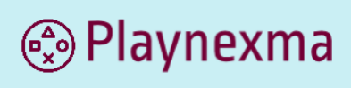The logo for Playnexma, featuring a dark magenta circular icon with geometric symbols and the brand name in dark magenta text on a light blue background.