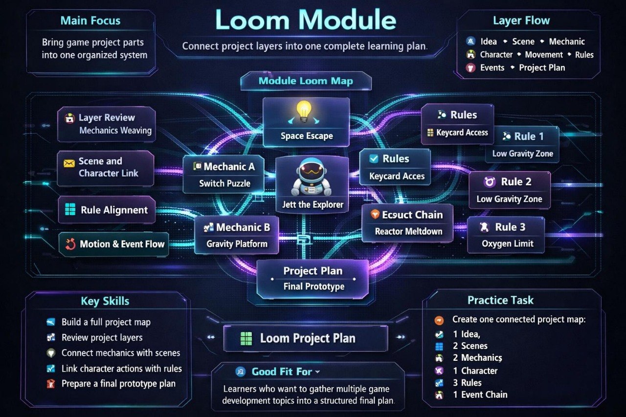 A digital infographic titled 'Loom Module' on a dark blue background, showing a flowchart and module map for connecting project layers into a complete learning plan, with boxes, arrows, and text such as 'Main Focus,' 'Layer Flow,' 'Module Loom Map,' and 'Practice Task.'.