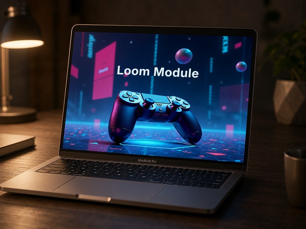 An open silver MacBook Pro laptop sits on a wooden desk, displaying a futuristic digital interface with the text 'Loom Module' and a dark blue game controller on the screen. A lit desk lamp is visible on the left, and a plant and mug are in the background.