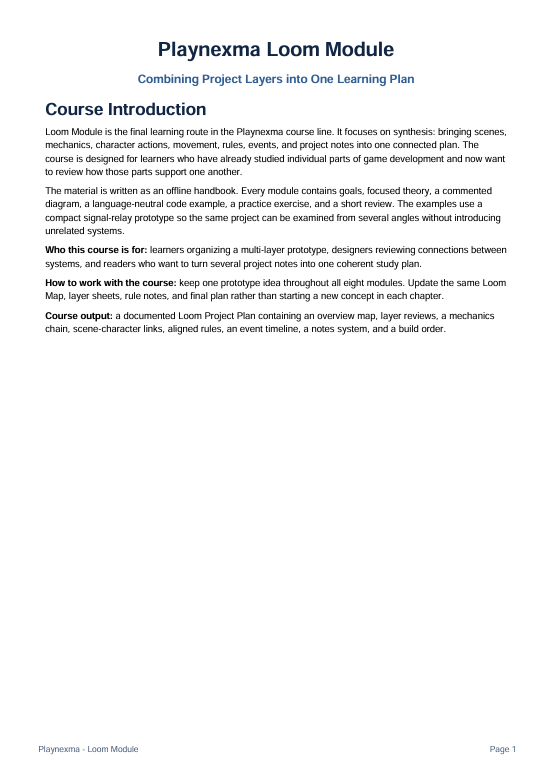 A single-page document titled 'Playnexma Loom Module' with the subtitle 'Combining Project Layers into One Learning Plan' and a section headed 'Course Introduction' on a white page.