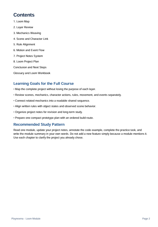 A digital document page showing the table of contents and learning goals for a full course on Loom's 'Loom Module', with a recommended study pattern section at the bottom.
