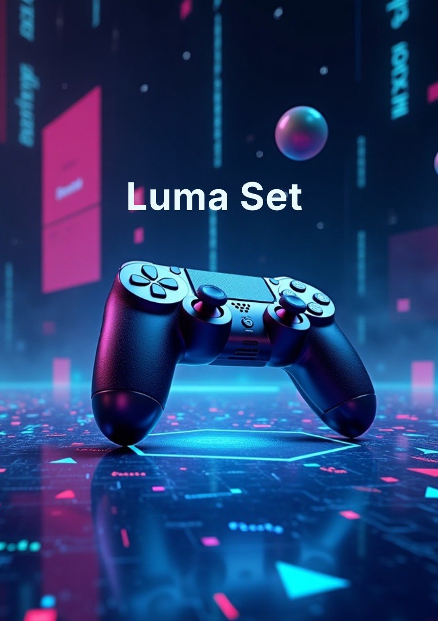 A black gaming controller centered in a futuristic neon cyberpunk scene with the text 'Luma Set' above it. The background features glowing blue and pink digital elements, vertical text, and a reflective floor.
