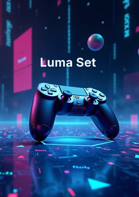 A black gaming controller centered in a futuristic neon cyberpunk scene with the text 'Luma Set' above it. The background features glowing blue and pink digital elements, vertical text, and a reflective floor.