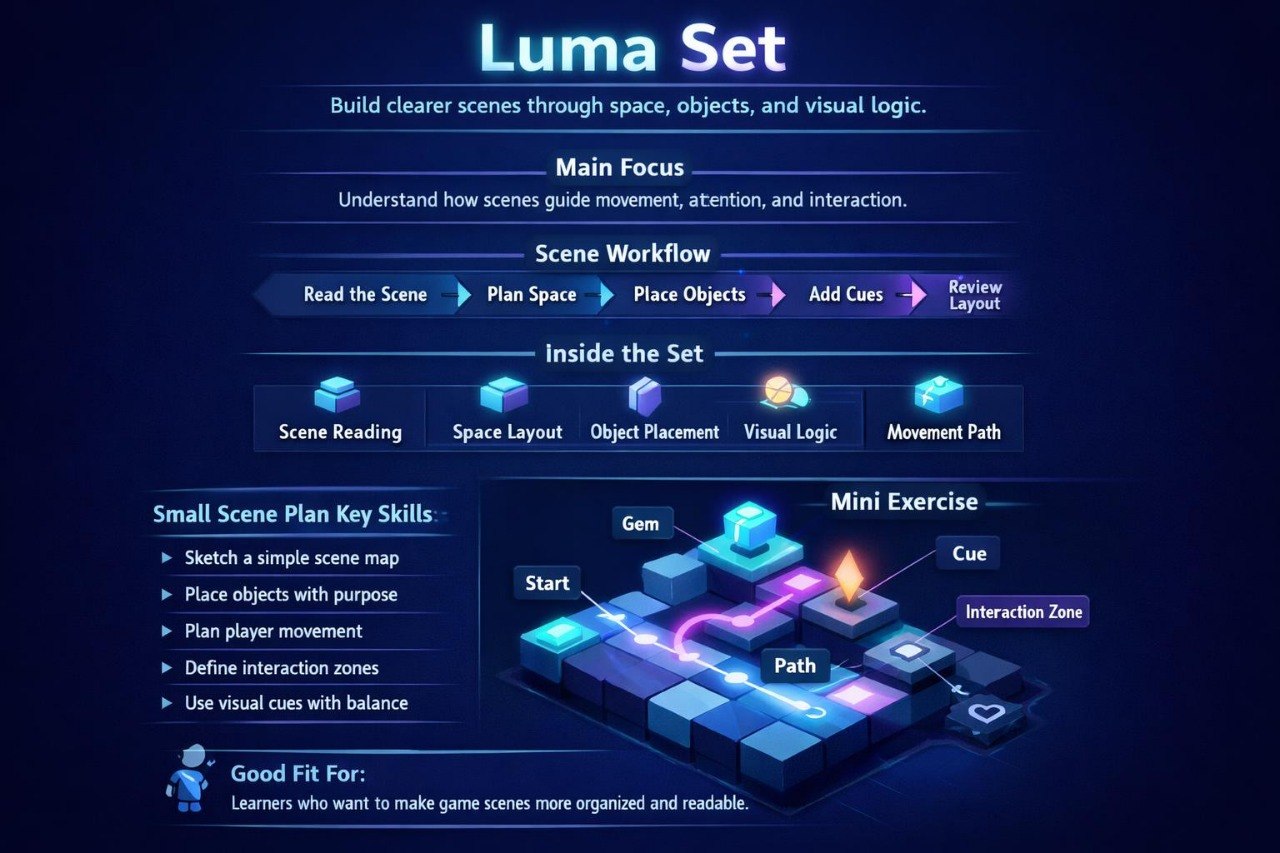 An infographic poster titled 'Luma Set' with a dark blue background, detailing a scene workflow and mini exercise for creating interactive scenes using Luma. It features text boxes and a 3D isometric illustration of a glowing cube scene.