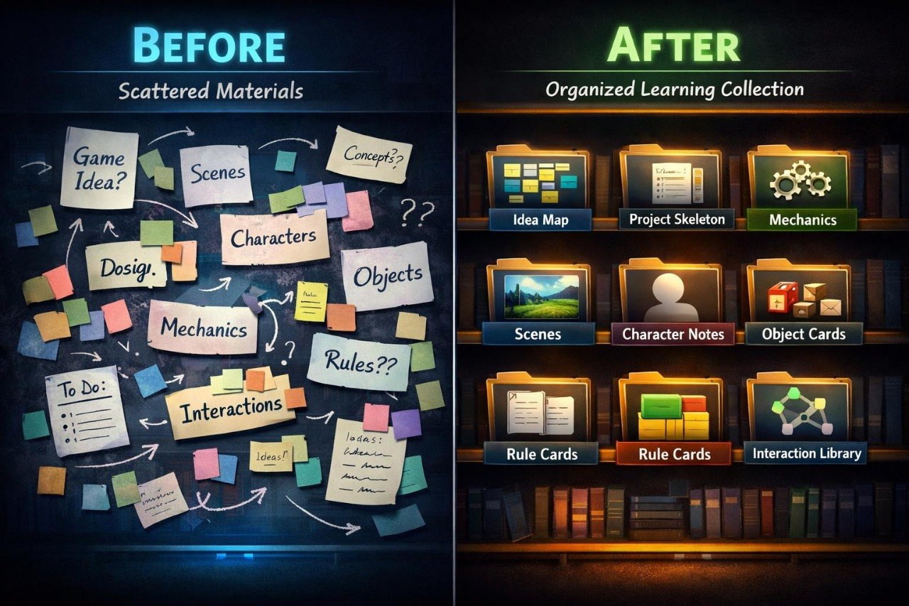 A split-screen comparison graphic labeled BEFORE and AFTER. The left side shows scattered game-design notes and cards on a dark board under the heading BEFORE, and the right side shows organized folders and books under the heading AFTER.