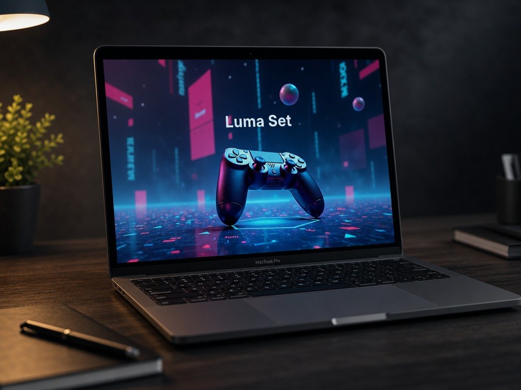 A dark gray laptop on a wooden desk displaying a futuristic digital wallpaper with the text 'Luma Set' and a game controller graphic. The scene is styled with a pen, notebook, and small plant in a dimly lit room.