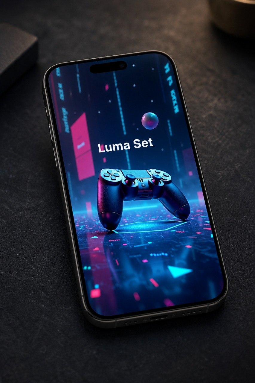A smartphone lying on a dark textured surface, displaying a futuristic neon interface with the text 'Luma Set' and a game controller graphic on the screen.