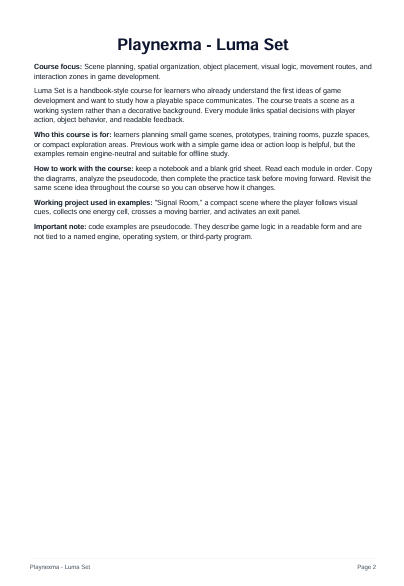 A page from a Playnexma - Luma Set course guide, featuring black text on a white background with headings and paragraphs describing course focus, how to work with the course, and important notes.