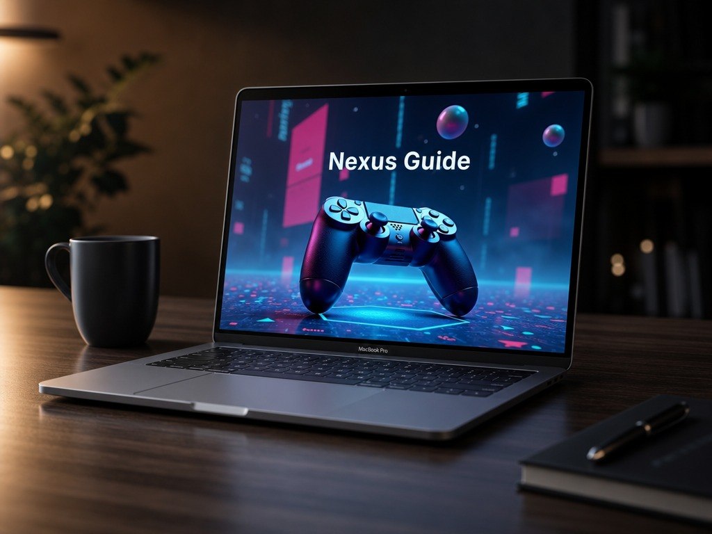 An open silver laptop sits on a wooden desk in a dimly lit room, displaying a digital cover titled 'Nexus Guide' with a game controller graphic. A black mug is on the left, and a notebook with a pen is on the right.