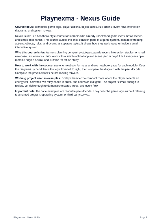 A digital document page titled 'Playnexma - Nexus Guide' with black text on a white background, outlining course focus, who it is for, how to work with the course, and an important note.