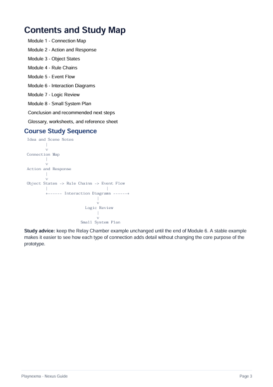 A digital preview page of a study guide or curriculum document, titled 'Contents and Study Map' for a course, featuring text and flowcharts on a white page with black and gray text.