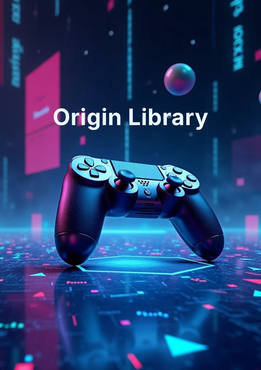 A black video game controller is centered against a futuristic neon digital background with glowing blue and pink lights and the text 'Origin Library' across the middle.