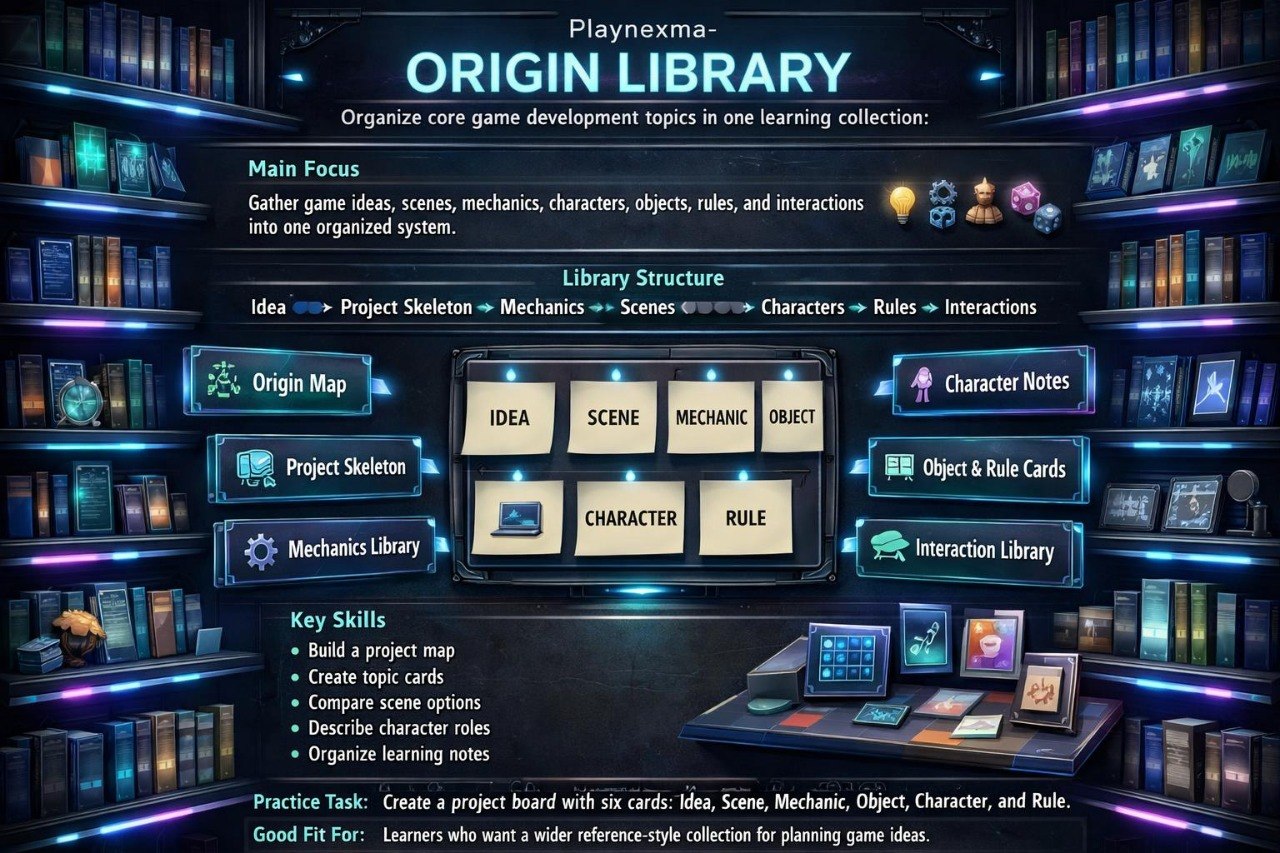 A digital interface graphic for 'Playnexma-ORIGIN LIBRARY' showing a dark library-themed layout with shelves, icons, and labeled boxes such as Origin Map, Project Skeleton, Mechanics Library, Character Notes, and Mechanics. This appears to be a software or digital content preview rather than a physical product photo.