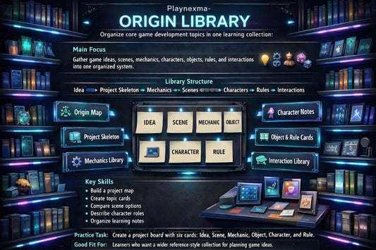 A digital interface graphic for 'Playnexma-ORIGIN LIBRARY' showing a dark library-themed layout with shelves, icons, and labeled boxes such as Origin Map, Project Skeleton, Mechanics Library, Character Notes, and Mechanics. This appears to be a software or digital content preview rather than a physical product photo.