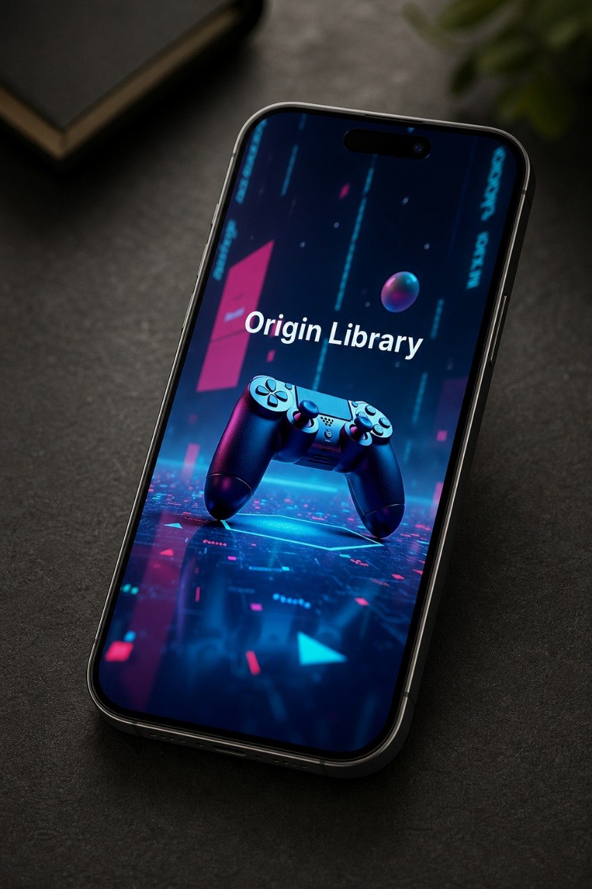 A smartphone lying on a dark tabletop, angled slightly, with its screen on and displaying a futuristic blue and pink digital wallpaper with the text 'Origin Library' and a game controller graphic.